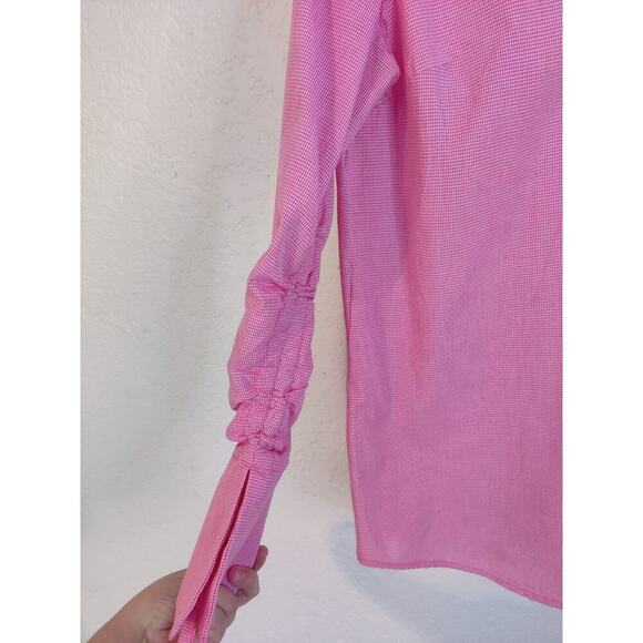 Plaid Asymmetrical Long Sleeve Button Down Shirt Blouse Pink Size L - Picture 7 of 11